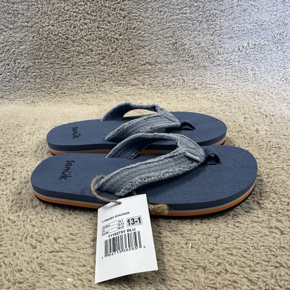 Sanuk Y Fraidy Stacker Boys Flip Flops Blue Grey Orange 1119275Y Size 13-1